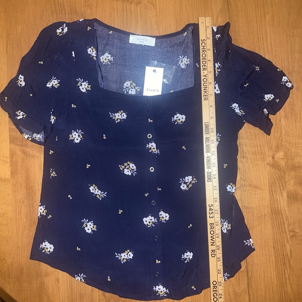 NEW Elodie Women's Size M Navy Blue Floral Puff Sleeve Shirt From Anthropologie - Picture 4 of 8